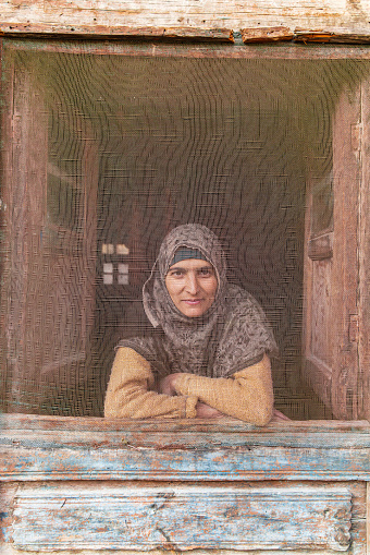 Sumbal Bala, Kangan, Jammu and Kashmir, India. November 2, 2022. Portrait of a woman behind a screen.