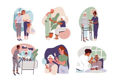 Caring for elderly set. Nurses, doctor and caregivers in nursing home take care of old men and women. Volunteers help aged people at home and hospital. Cartoon flatvector isolated on white background