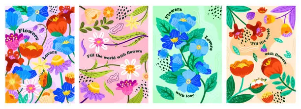 Vector illustration of Posters with spring flowers vector set