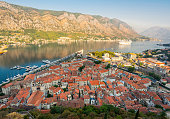 Aerial view of Kotor old town and Bay of Kotor in Montenegro