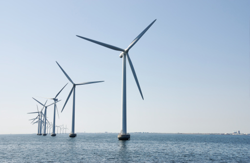Wind turbines at sea outside Copenhagen, Denmark