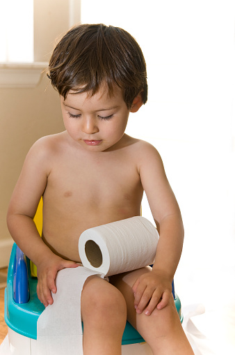 Two year old boy on a potty with toilet paper and copy-space.