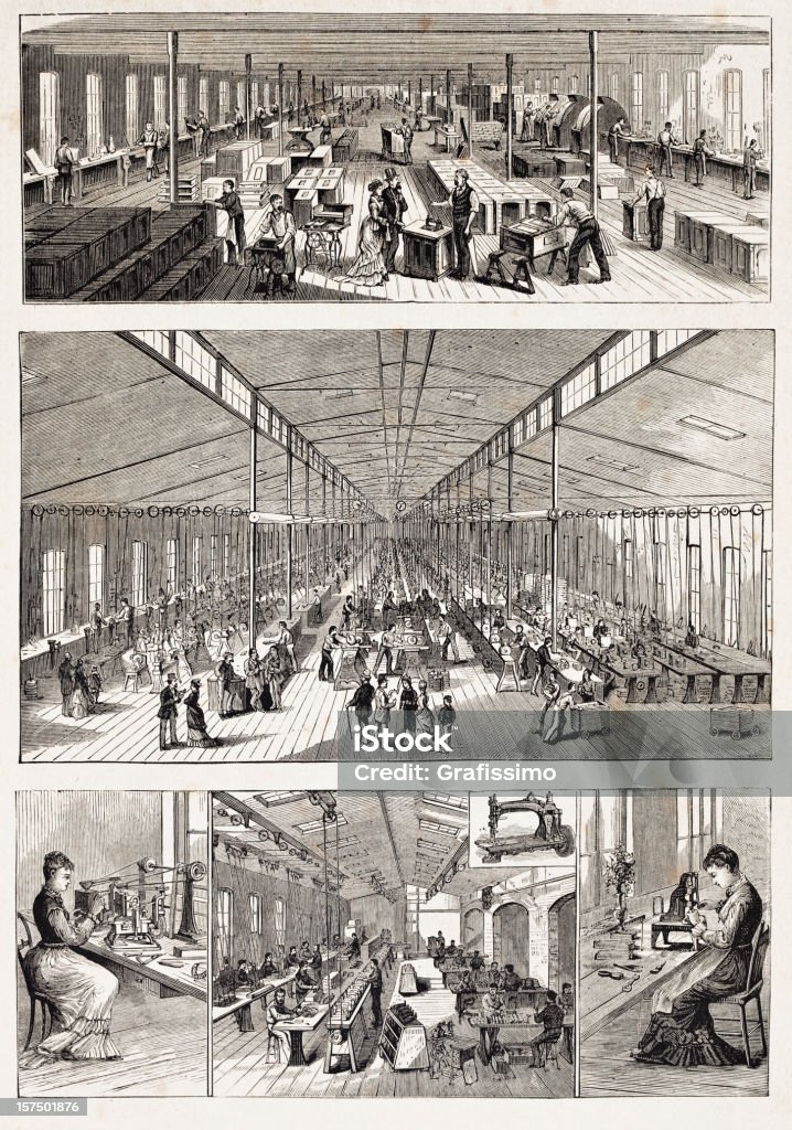 Grawerunek na fabryki Produkcja maszyn do szycia w Nowym Jorku - Zbiór ilustracji royalty-free (Fabryka)