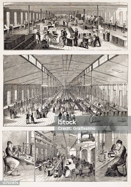 Grawerunek Na Fabryki Produkcja Maszyn Do Szycia W Nowym Jorku - Stockowe grafiki wektorowe i więcej obrazów Fabryka