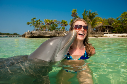A dolphin kissing the cheek of an attractive mid-adult woman in turquoise water near a tropical island.