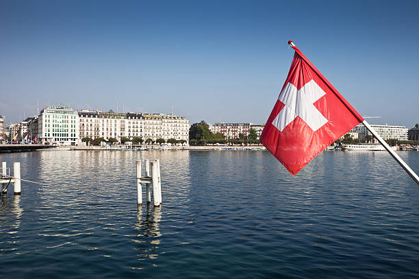 Swiss Flag and Lake Geneva  geneva switzerland photos stock pictures, royalty-free photos & images