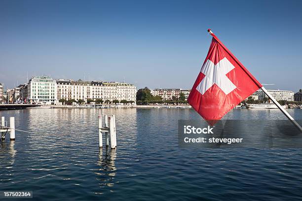 Swiss Flag And Lake Geneva Stock Photo - Download Image Now - Geneva - Switzerland, Switzerland, Swiss Culture