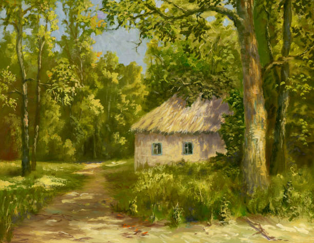 하우스 로드 - paintings canvas cottage painted image stock illustrations