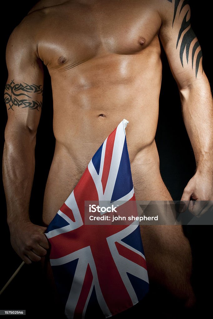 Промасленной Naked красавец с Union Jack - Стоковые фото Британский флаг роялти-фри
