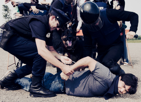 Image of a protest taking place and a male being arrested by a group of police man. Protesters are in the background with blank signs yelling at the officers.