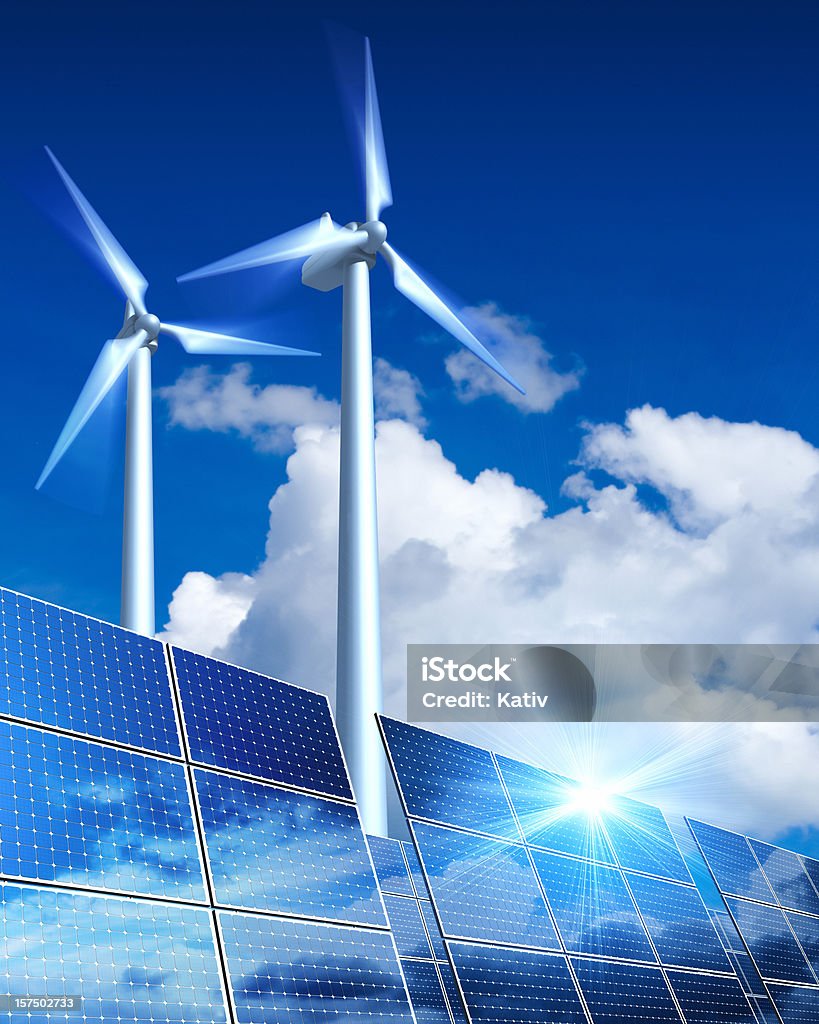 Renewable Energy - Solar Panels and Wind Turbine (XXL) Solar Panels and Wind Turbine - Renewable energy concept. Sun reflection on the Solar panel.  Solar Energy Stock Photo