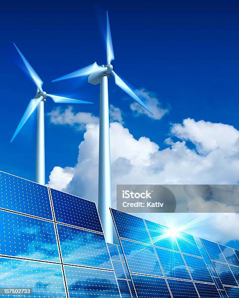 Renewable Energy Solar Panels And Wind Turbine Stock Photo - Download Image Now