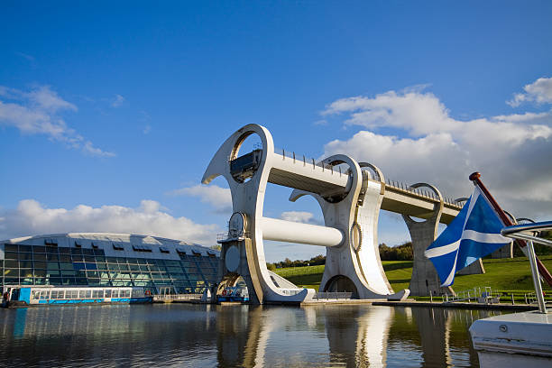Falkirk, UK-13 June 2024; Boat in boat lift Falkirk Wheel an innovative and unique rotating boat lift connecting the Forth and Clyde Canal with the Union Canal