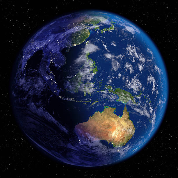 planet earth at night & day (far east and oceania) - dünya gezegeni fotoğraflar stok fotoğraflar ve resimler