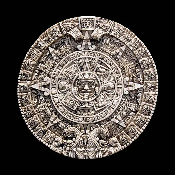 Reproduction of the ancient Aztec Mayan calendar isolated on black. Image taken in Mexico where it was part of an ancient culture.
