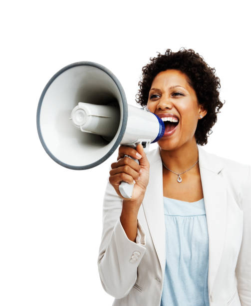 donna d'affari con un megafono - announcement message megaphone business communication foto e immagini stock