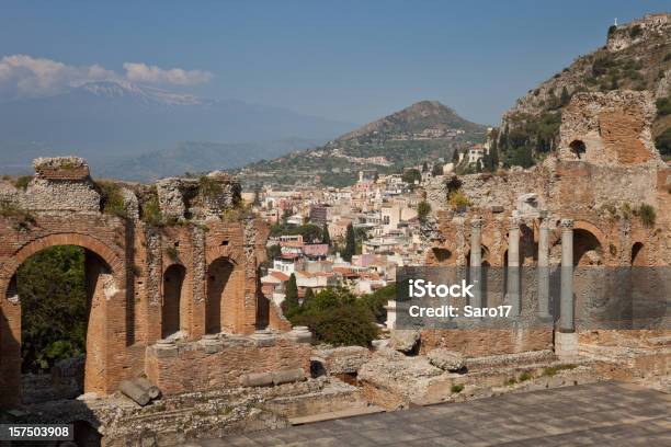 Greek Theatre At Taormina Sicily Italy Stock Photo - Download Image Now - Active Volcano, Architectural Column, Architecture