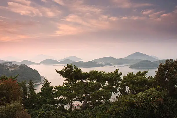 A pre-sunrise view from Dala Park on Mireukdo (Mireuk Island) in Tongyeong city, Gyeongsangnam-do province, South Korea.