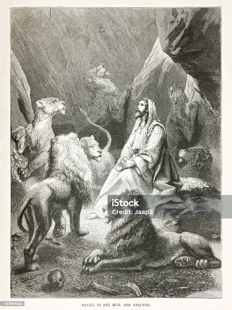 Gravure biblique de protagoniste Daniel au lions den (1873 - Photo de Bible libre de droits