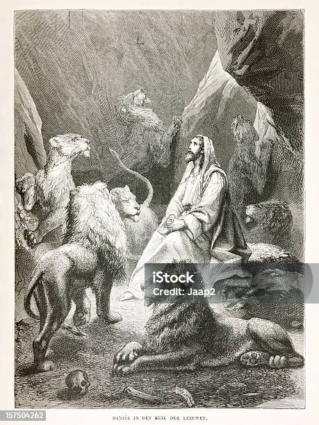Photo libre de droit de Gravure Biblique De Protagoniste Daniel Au Lions Den 1873 banque d'images et plus d'images libres de droit de Bible