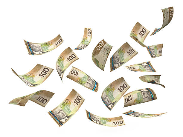 banconote da cento dollari canadesi in aria - banconota di dollaro canadese foto e immagini stock