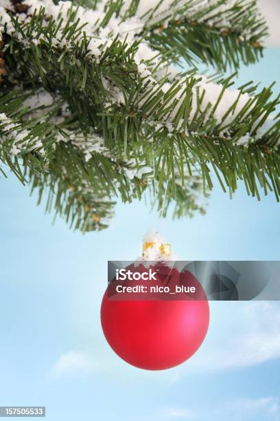 Red Snowy Bauble Stock Photo - Download Image Now - Backgrounds, Blue, Branch - Plant Part