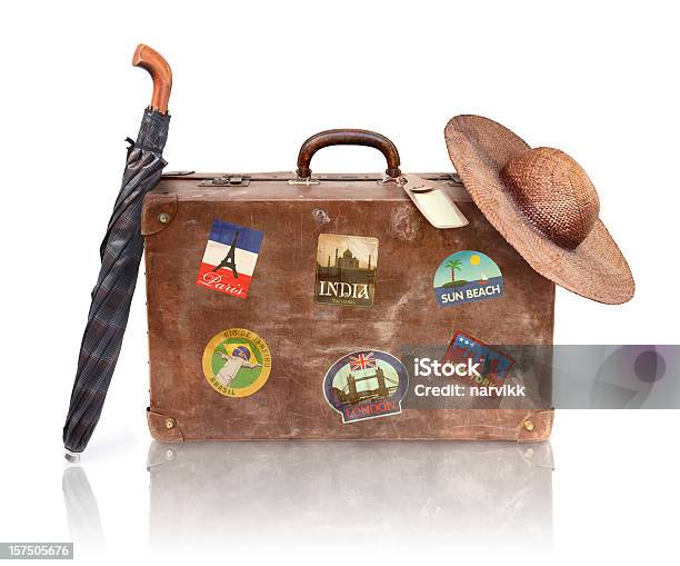 Old Used Suitcase With Hat And Umbrella Stock Photo - Download Image Now - Label, Travel Destinations, Bag