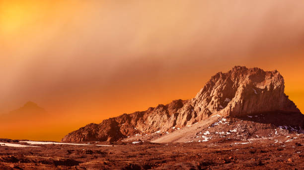 A dust storm on the surface of Mars with traces of frozen water. Composite from an image of Mt Hood, Oregon.