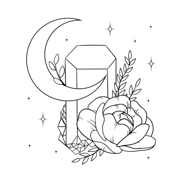 Vector line art mystical celestial magic witchcraft elements. Esoteric crescent moon,  crystals, peone roses, stars, leaves, line art. Vector line art mystical celestial magic witchcraft elements. Esoteric crescent moon,  crystals, peone roses, stars, leaves, line art. peone stock illustrations