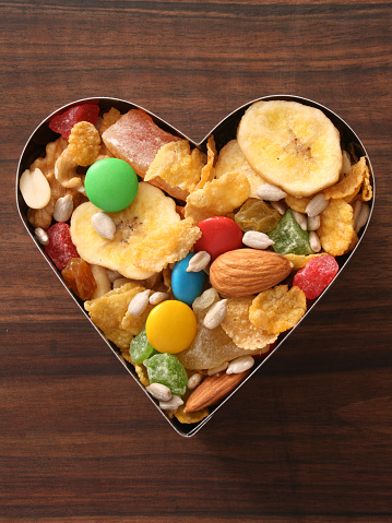 Top view of trail mix inside heart