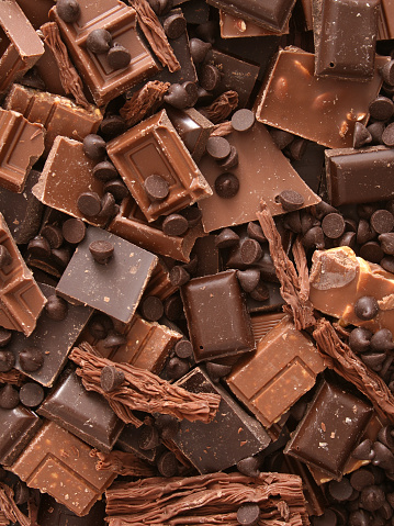 Top view of lots of milk chocolate pieces