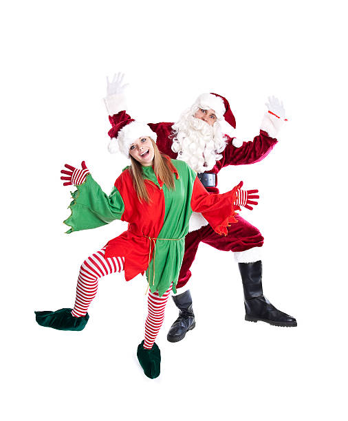 santa e dell'elf ballare (completo - santa claus waving christmas photography foto e immagini stock