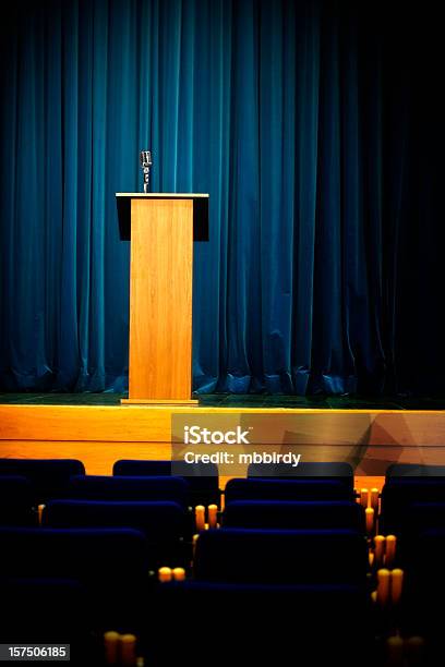 Conference Hall With Rostrum And Microphone Stock Photo - Download Image Now - Lectern, Stage - Performance Space, Press Conference