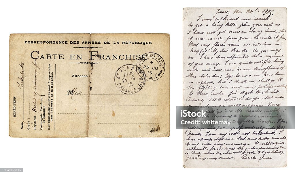 Les deux côtés de l'armée britannique carte postale envoyé depuis la France, 1915 - Photo de Écriture manuscrite libre de droits