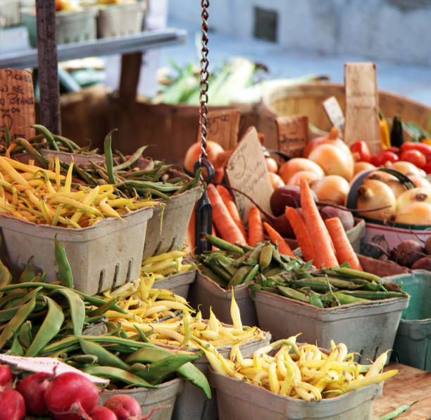 Various vegetables at a market stall Fruits and Vegetables in a falltime Farmers Market in Kignston, Ontario, Canada kingston ontario photos stock pictures, royalty-free photos & images