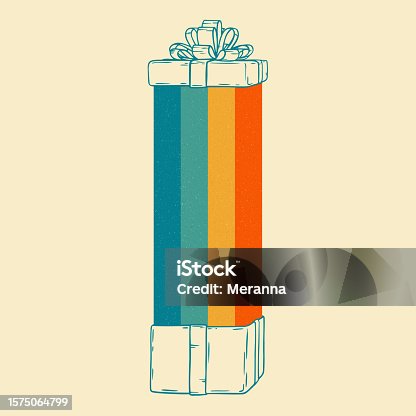 istock Hand drawn gifts in retro style. Vintage illustrations present box and colorful lines. 60s, 70s, 80s poster style 1575064799
