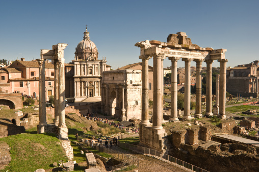 The Roman Forum (Latin: Forum Romanum), sometimes known by its original Latin name, is located between the Palatine hill and the Capitoline hill of the city of Rome. It is the central area around which the ancient Roman civilization developed. Citizens referred to the location as the \