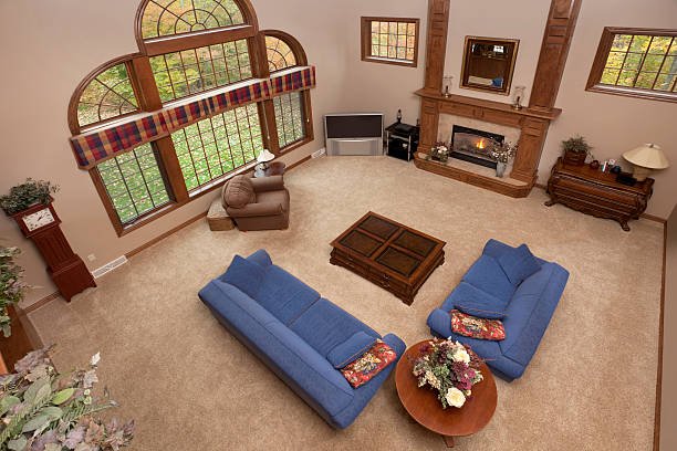 istock Large Great Room Looking Down, Blue Sofa, Love Seat, Fireplace 157506657