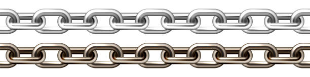 istock Realistic silver and brown metal chain with old rusty links isolated on white background. Heavy steel chain for industrial use. Vector illustration 1575066962