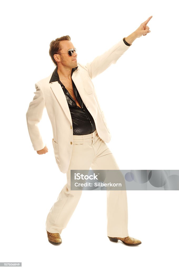 Mad disco dancer in white suit and snake leather boots  Disco Dancing Stock Photo