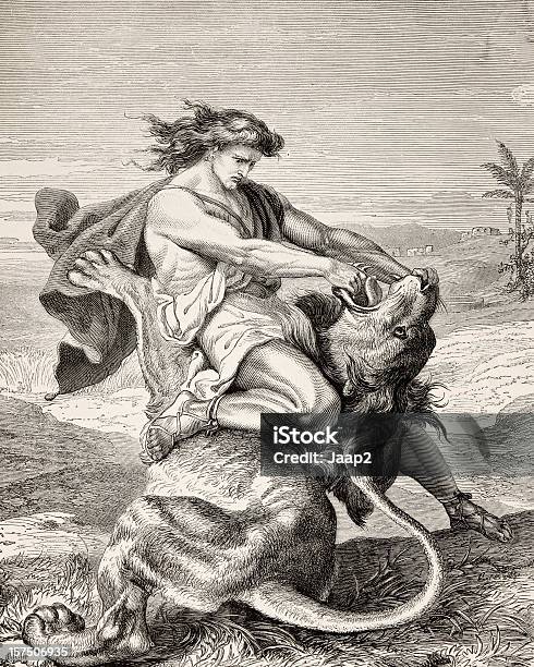 Photo libre de droit de Gravure Biblique De Samson De Fer Avec Le Lion Le 1873 banque d'images et plus d'images libres de droit de Bible