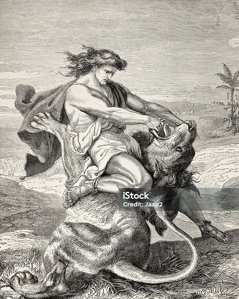 聖書の彫り込みのサムソンレスリングでは、ライオン（審査員）、1873 - 聖書のロイヤリティフリーストックフォト