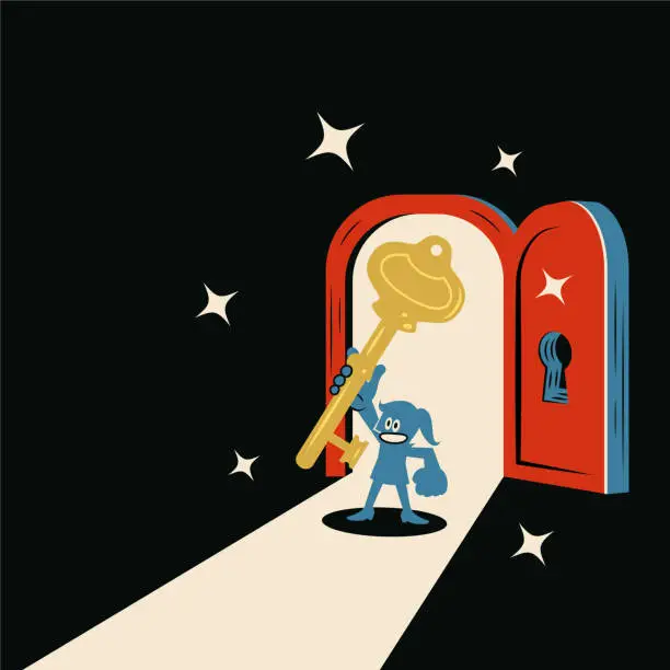 Vector illustration of A smiling woman opens the door with her golden key and light shines into the dark room