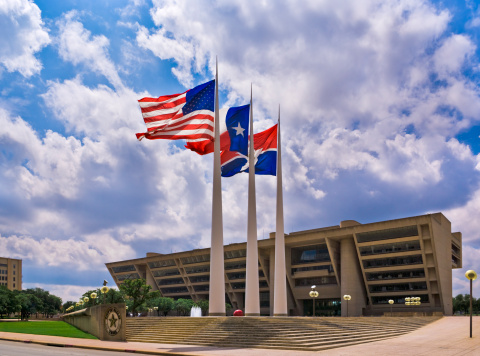 American Flag, Texas State Flag, City of Dallas Flag, in front of Dallas City Hall, City of Dallas, Texas, TX, inverted pyramid-style building
