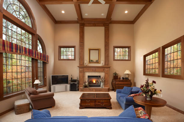 istock Architectural Interior; Spacious Great Room With Fireplace, Hardwood Ceiling Woodwork 157507502