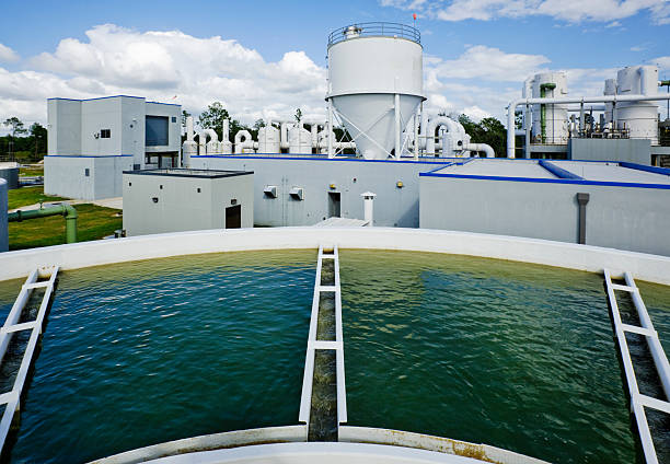 Overlooking a Water Tank at Water Treatment Plant Looking at a water treatment plant. aquatic plant stock pictures, royalty-free photos & images