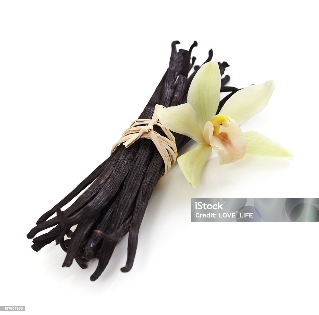 Vanilla Beans and Orchid Vanilla beans and orchid isolated on white. Selective focus. Bunch of Flowers Stock Photo