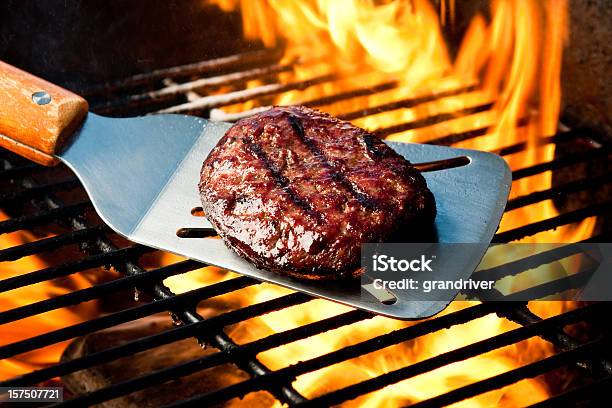 Hamburger Patty On Grill With Fire Stock Photo - Download Image Now - Barbecue Grill, Grilled, Barbecue - Meal