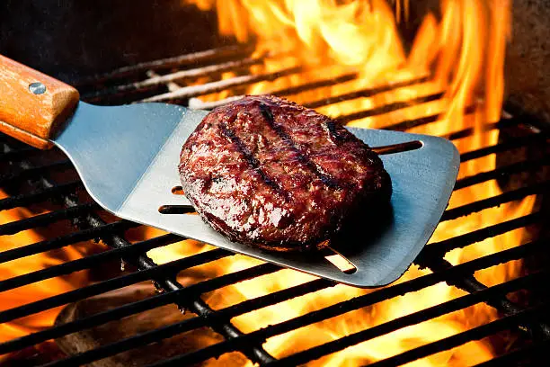 Juicy burger with appetizing grill marks on a silver spatula over a flaming charcoal barbecue grill
