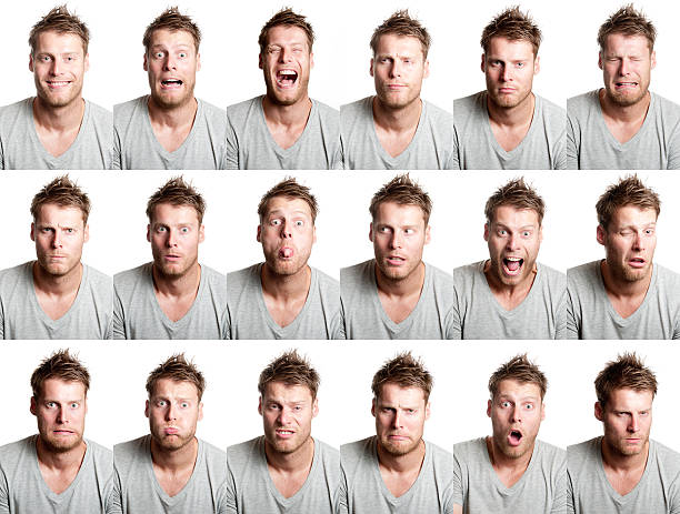 18 diferentes expressão facial de homem bonito com barba - happy sad face man - fotografias e filmes do acervo